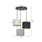 Hanglamp 3-lichts gepoedercoat staal met stoffen kappen, Hilde minimalistisch zwart, grijs en wit, kap Ø 20 cm