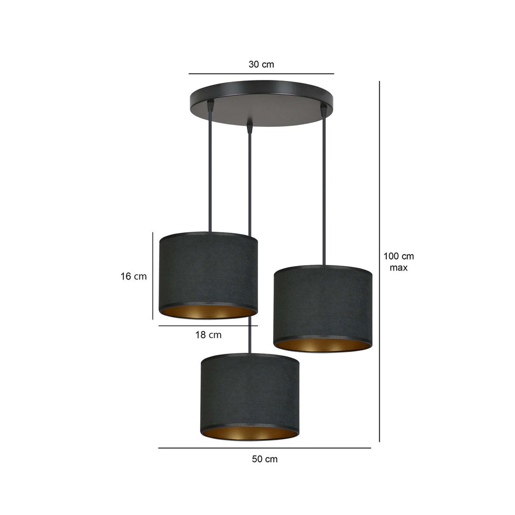 Hanglamp Hilde 3 lichts gepoedercoat staal en stof, zwart met gouden binnenzijde, kap Ø 20 cm, verstelbaar