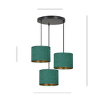 Hanglamp 3 lichtpunten gepoedercoat staal en stof Hilde, groen met gouden binnenzijde, Ø kap 20 cm, eettafel