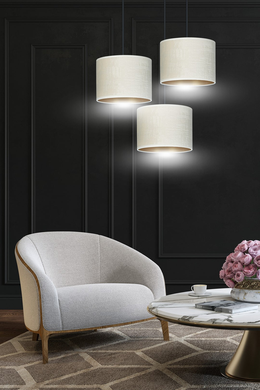 Hanglamp 3-lichts gepoedercoat staal en stof, Hilde minimalistisch, wit met zwart, kap Ø 20 cm, eettafel