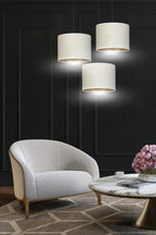 Hanglamp 3-lichts gepoedercoat staal en stof, Hilde minimalistisch, wit met zwart, kap Ø 20 cm, eettafel