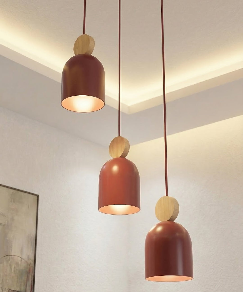Hanglamp gepoedercoat staal met hout, Scandinavisch model Mesi, bordeaux, 3 fittingen, 34 x 34 cm, verstelbare hoogte