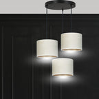 Hanglamp 3-lichts gepoedercoat staal en stof, Hilde minimalistisch, wit met zwart, kap Ø 20 cm, eettafel