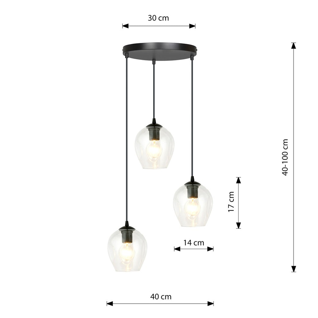 Hanglamp gepoedercoat staal en glas Istar, zwart met transparante kappen, 3 lichts, Ø 14 cm kappen, woonkamer en eetkamer