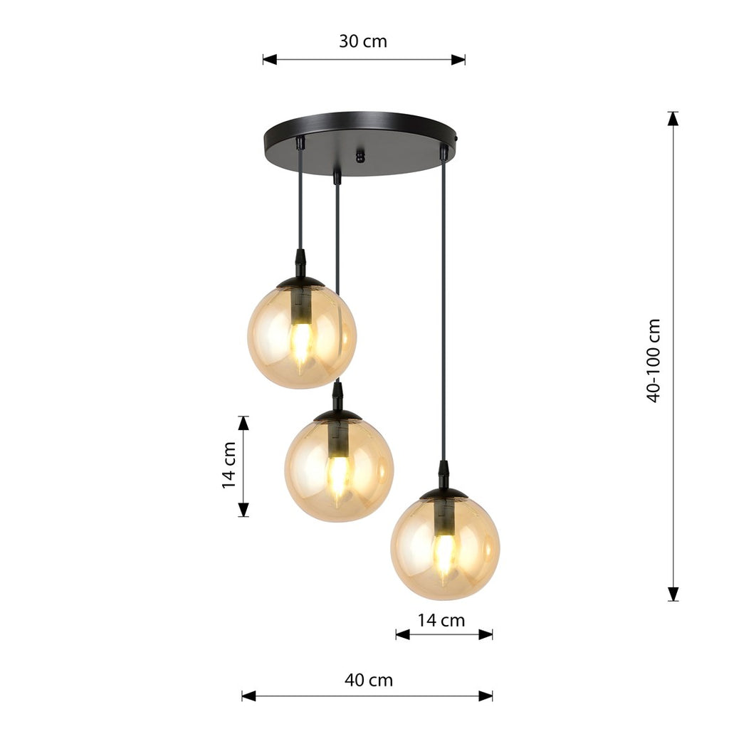 Hanglamp gepoedercoat staal en glas Cosmo modern, zwart met amber glas, 3 lichtpunten, kap Ø 14 cm, eettafel en woonkamer