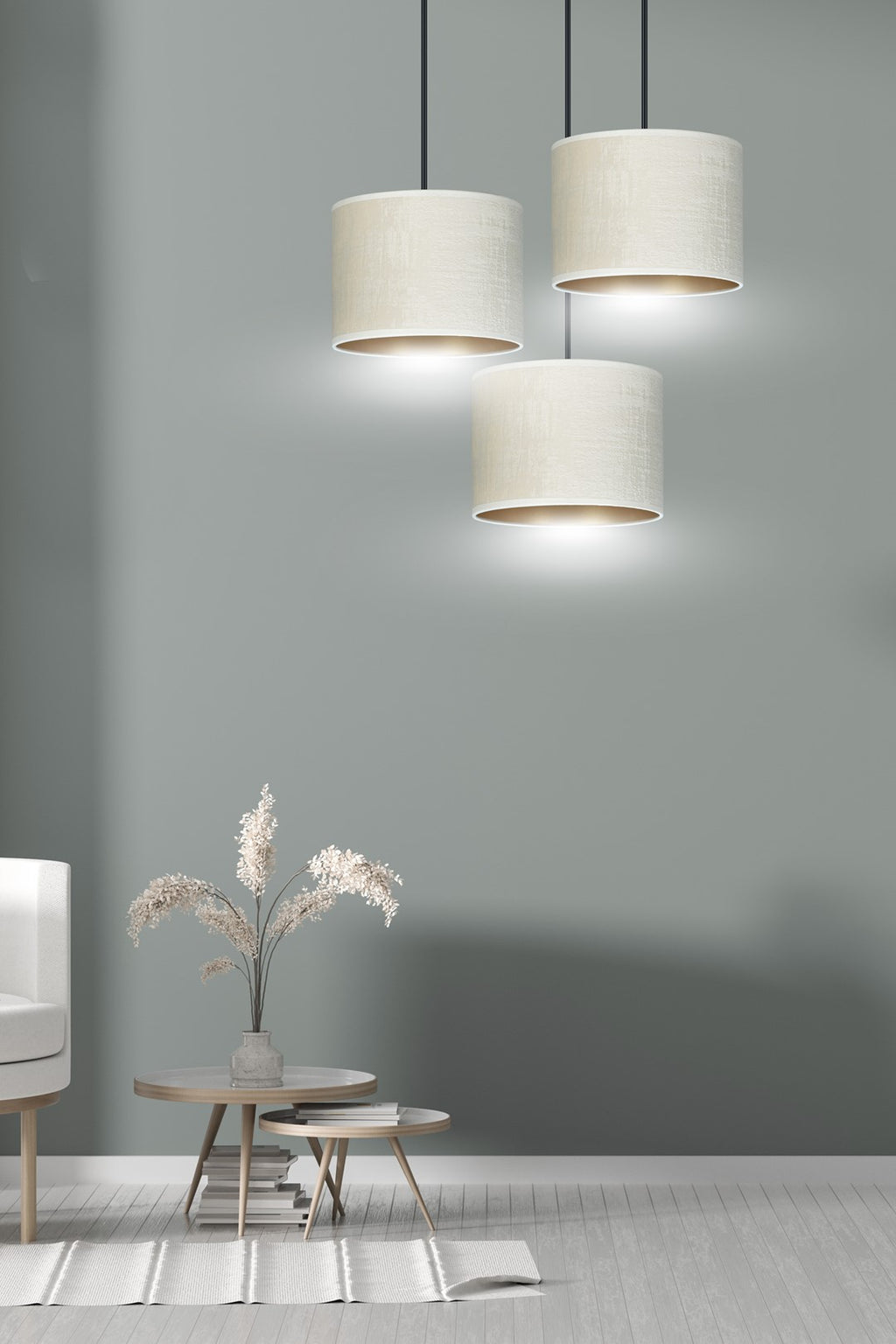 Hanglamp 3-lichts gepoedercoat staal en stof, Hilde minimalistisch, wit met zwart, kap Ø 20 cm, eettafel
