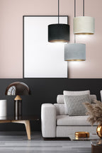 Hanglamp 3-lichts gepoedercoat staal met stoffen kappen, Hilde minimalistisch zwart, grijs en wit, kap Ø 20 cm