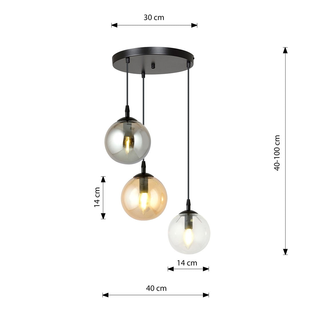 Hanglamp gepoedercoat staal en glas modern Cosmo, zwart met 3 glazen kappen Ø 14 cm, transparant, grafiet en amber