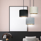 Hanglamp 3-lichts gepoedercoat staal met stoffen kappen, Hilde minimalistisch zwart, grijs en wit, kap Ø 20 cm