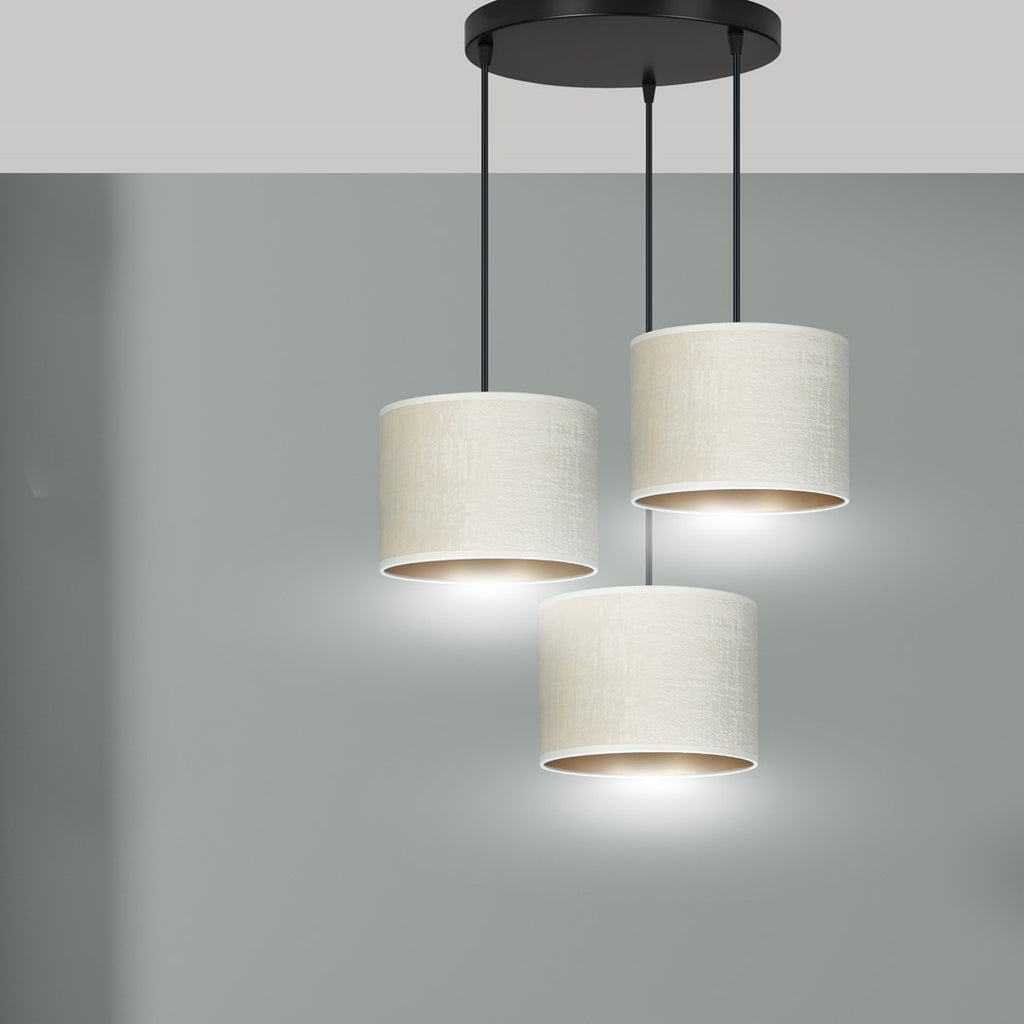 Hanglamp 3-lichts gepoedercoat staal en stof, Hilde minimalistisch, wit met zwart, kap Ø 20 cm, eettafel