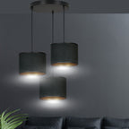 Hanglamp Hilde 3 lichts gepoedercoat staal en stof, zwart met gouden binnenzijde, kap Ø 20 cm, verstelbaar