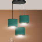Hanglamp 3 lichtpunten gepoedercoat staal en stof Hilde, groen met gouden binnenzijde, Ø kap 20 cm, eettafel