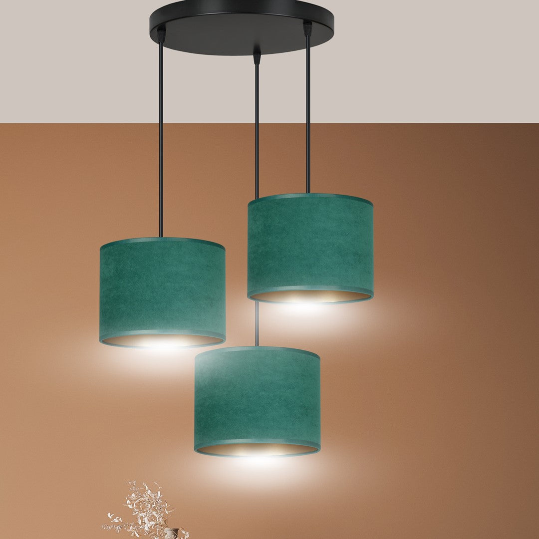 Hanglamp 3 lichtpunten gepoedercoat staal en stof Hilde, groen met gouden binnenzijde, Ø kap 20 cm, eettafel