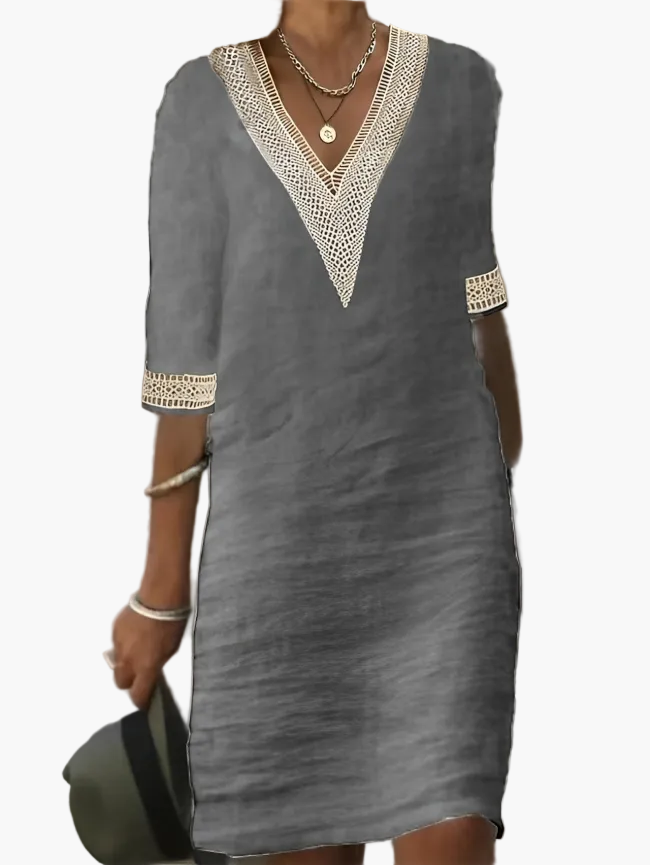 Damen Sommerkleid V-Ausschnitt mit Spitze – Lockeres Freizeitkleid für Alltag, Urlaub & Strand