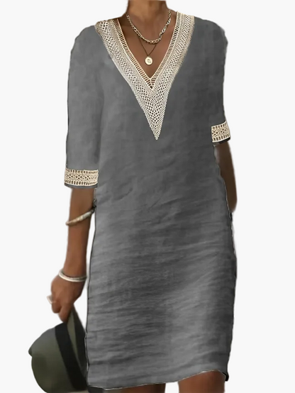 Damen Sommerkleid V-Ausschnitt mit Spitze – Lockeres Freizeitkleid für Alltag, Urlaub & Strand