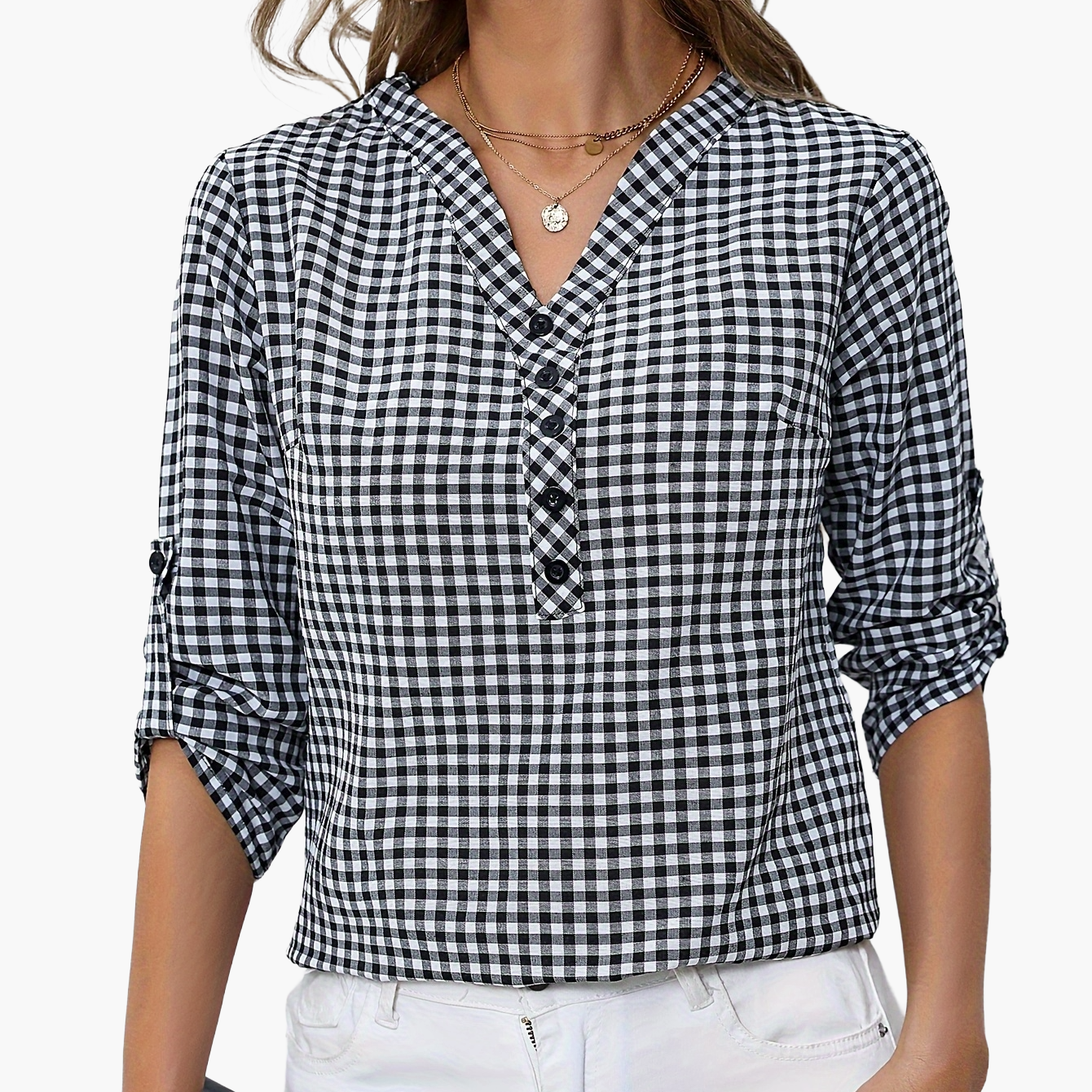Women's blouse with check pattern and V-neck – casual shirt blouse for spring and summer