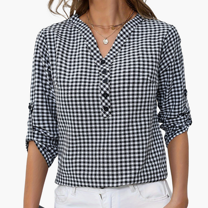 Women's blouse with check pattern and V-neck – casual shirt blouse for spring and summer