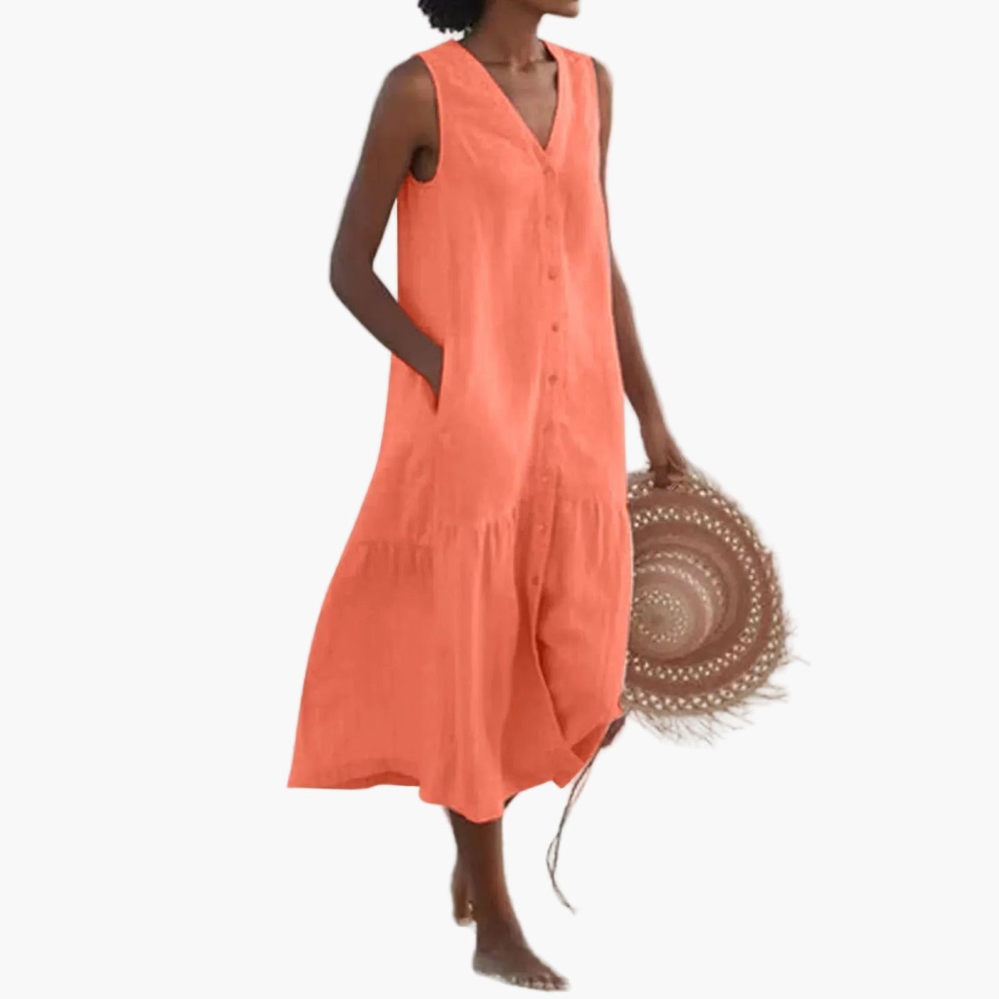 Women's summer beach dress sleeveless with V-neck and button placket – Casual leisurewear