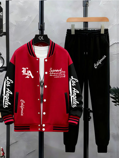 Unisex tracksuit set with baseball jacket and jogging pants, college-style streetwear