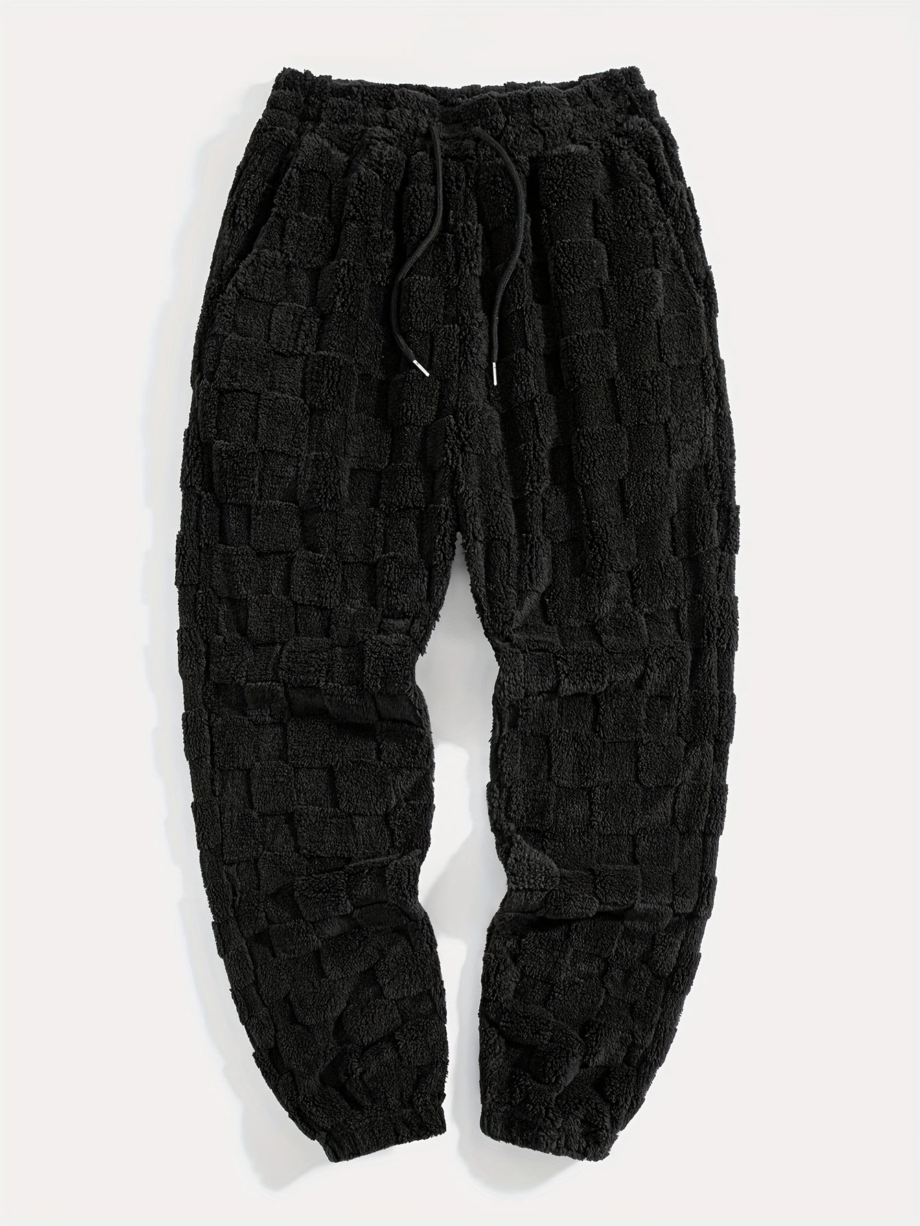 Unisex fluffy sweatpants with a plaid pattern and drawstring, White