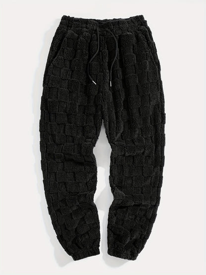 Unisex fluffy sweatpants with a plaid pattern and drawstring, White