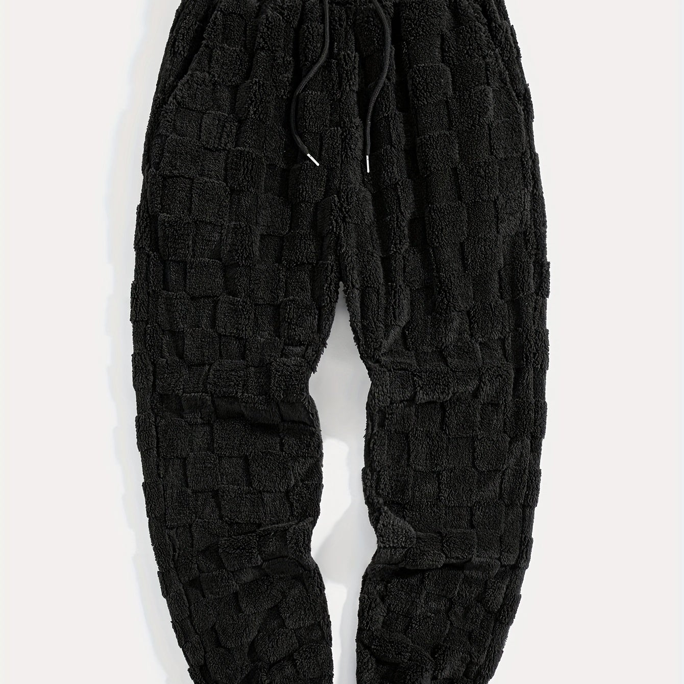 Unisex fluffy sweatpants with a plaid pattern and drawstring, White
