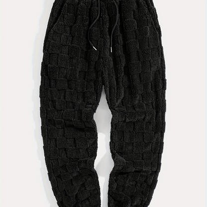 Unisex fluffy sweatpants with a plaid pattern and drawstring, White