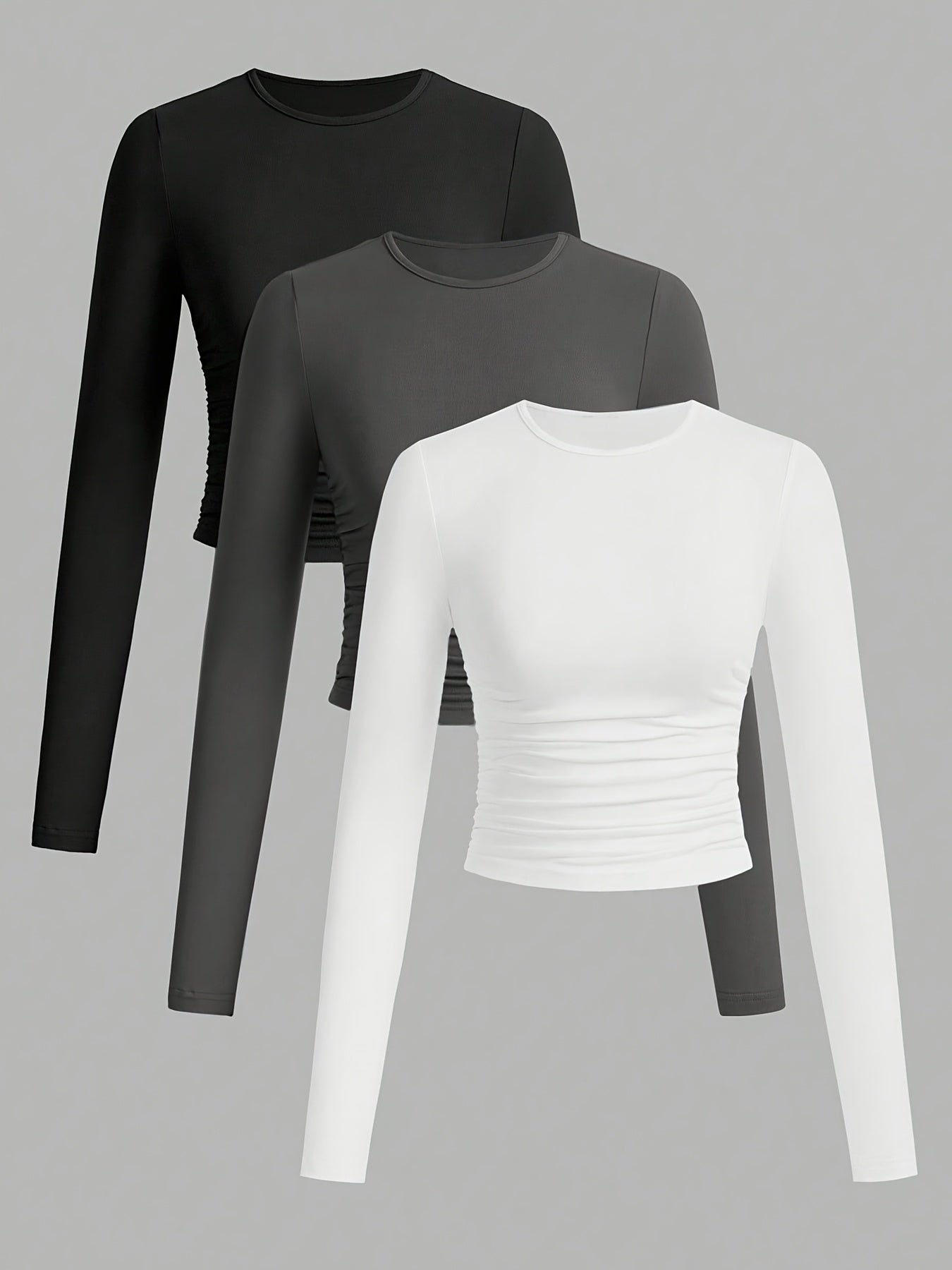 3er Pack Langarmshirt mit Rundhals und Raffung