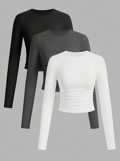 3er Pack Langarmshirt mit Rundhals und Raffung