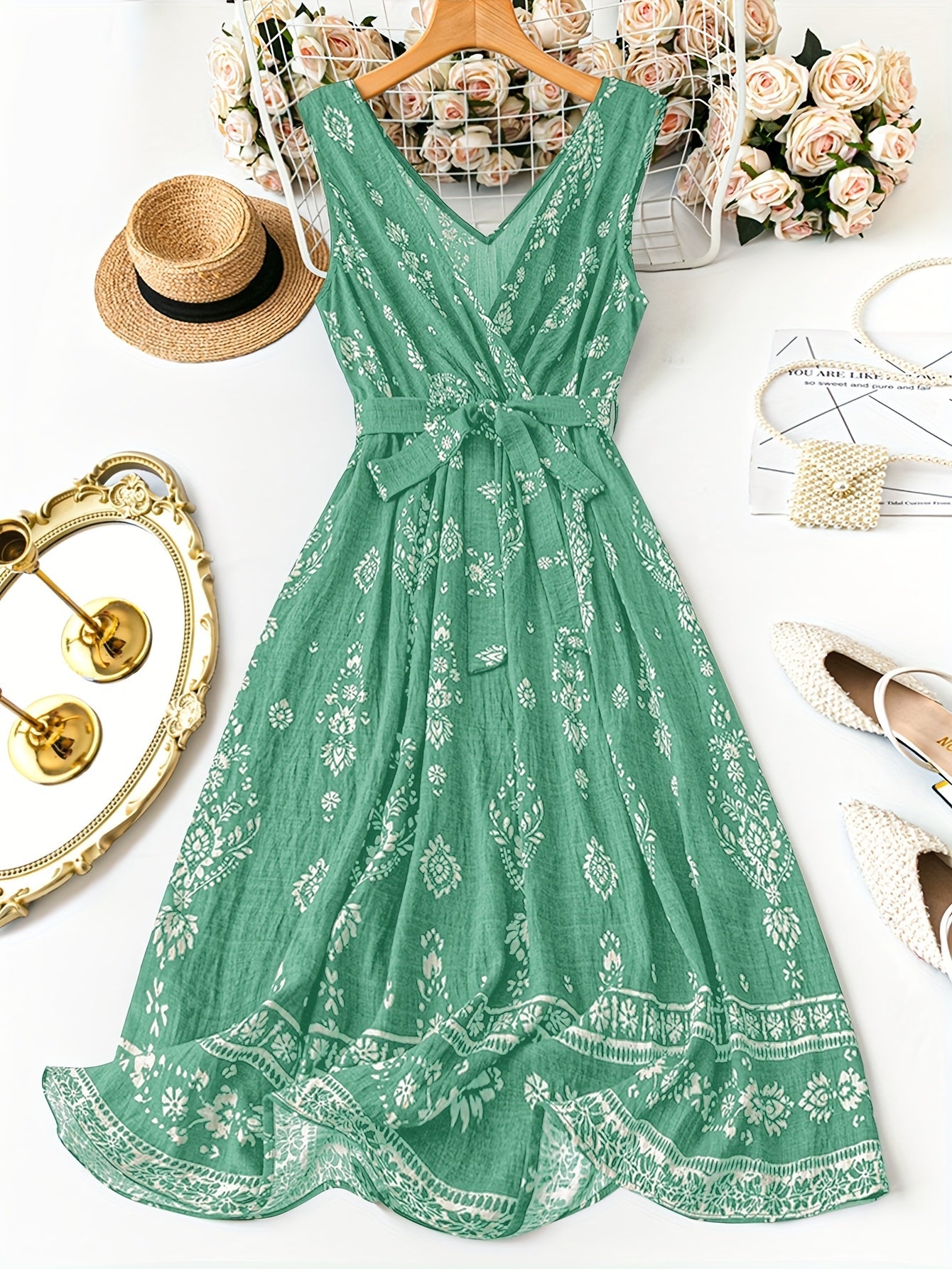 Women's Boho Maxi Dress with Belt and Floral Pattern – Elegant Summer Dress for Leisure and Vacation