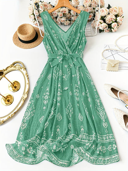 Women's Boho Maxi Dress with Belt and Floral Pattern – Elegant Summer Dress for Leisure and Vacation