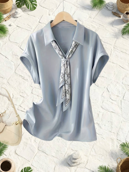 Women's blouse with short sleeves and decorative neck scarf – Elegant business and casual style
