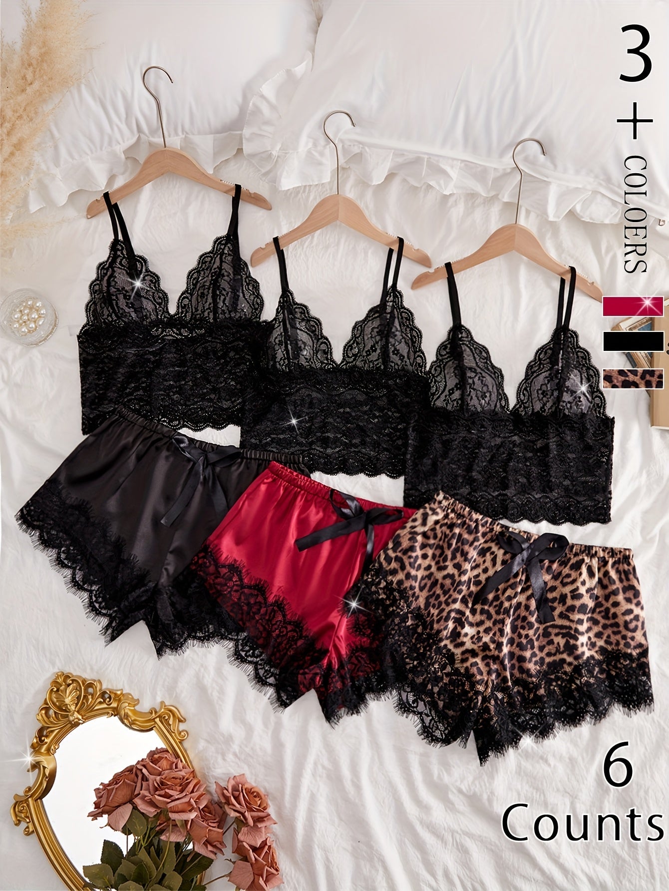 Women's Lace Pajama Set 3-Piece – Elegant Loungewear Set with Shorts, Ideal for Spring and Summer