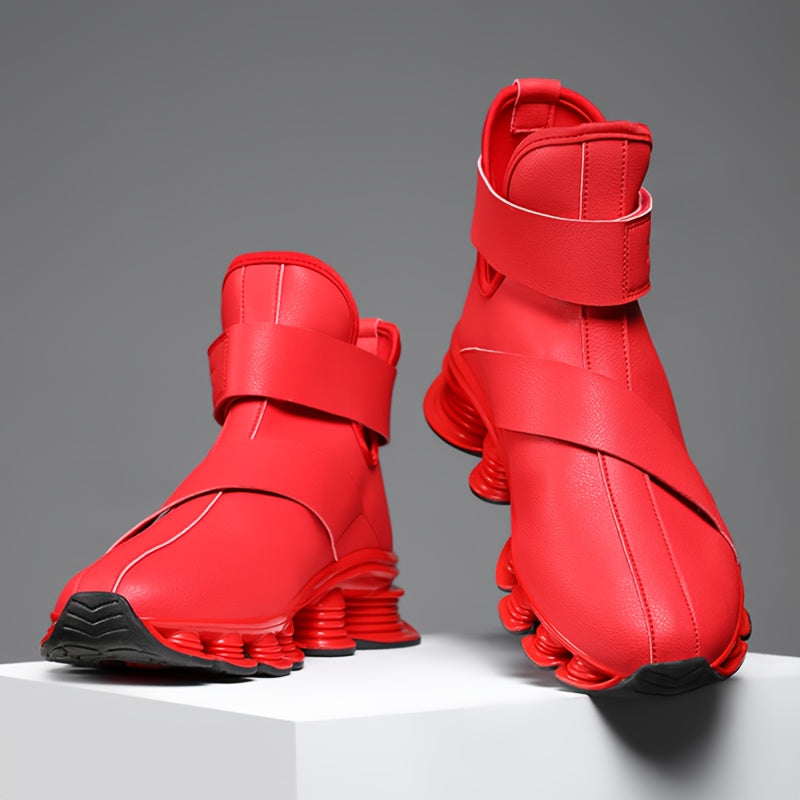 Men's black high-top sneaker boots with a red sole, laces, and Velcro closure