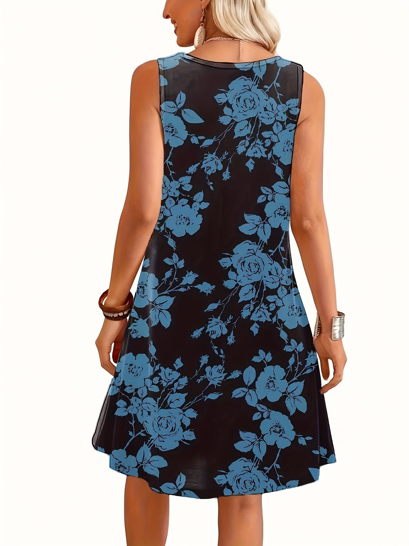 Women's summer casual dress with floral pattern, sleeveless, A-line, elegant for everyday wear and going out
