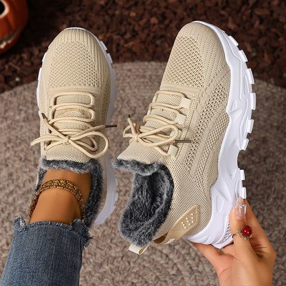 Damen Sneaker mit Strick-Obermaterial und Futter in Pelz-Optik Rot