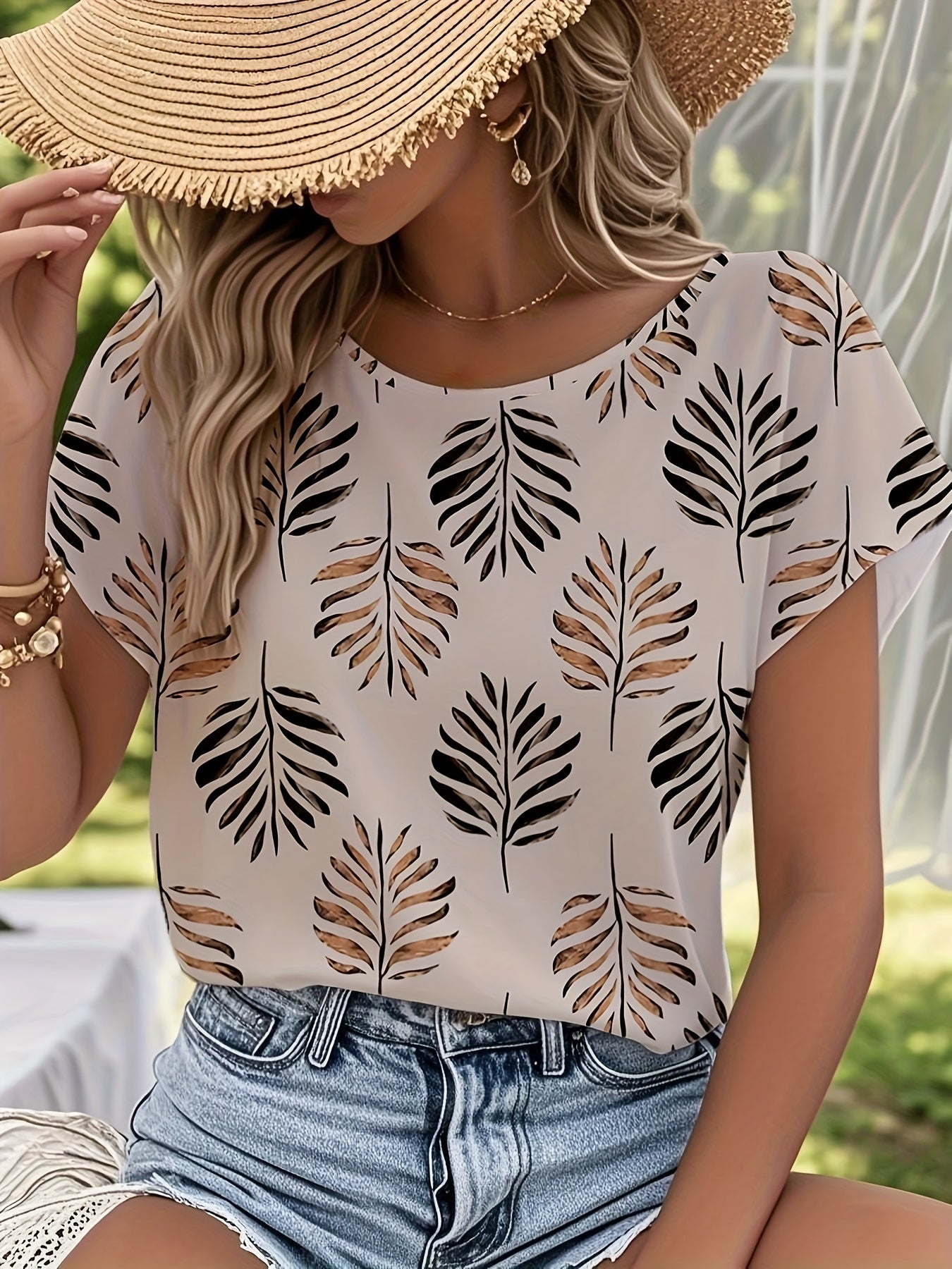 Women's Elegant Summer Blouse with Leaf Print – Short Sleeve, Casual & Outdoor Style