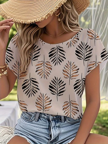 Women's Elegant Summer Blouse with Leaf Print – Short Sleeve, Casual & Outdoor Style