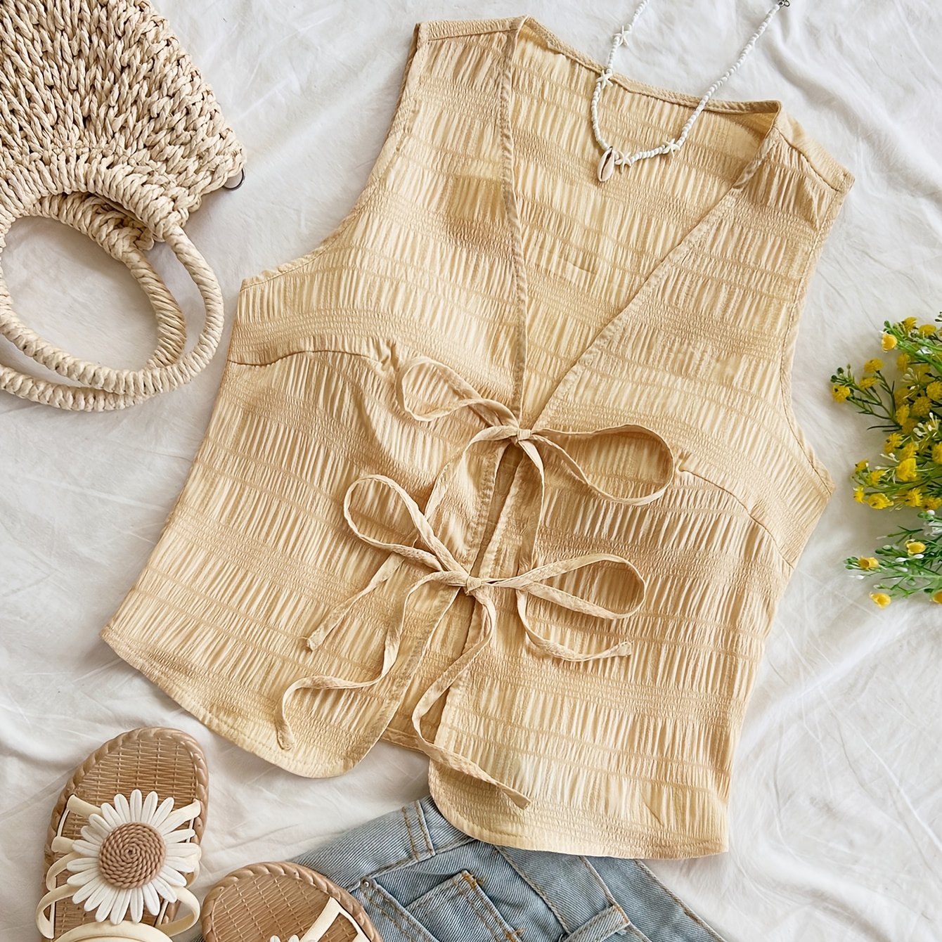 Women's sleeveless vest with tie and crinkle look – Boho streetwear for leisure & vacation
