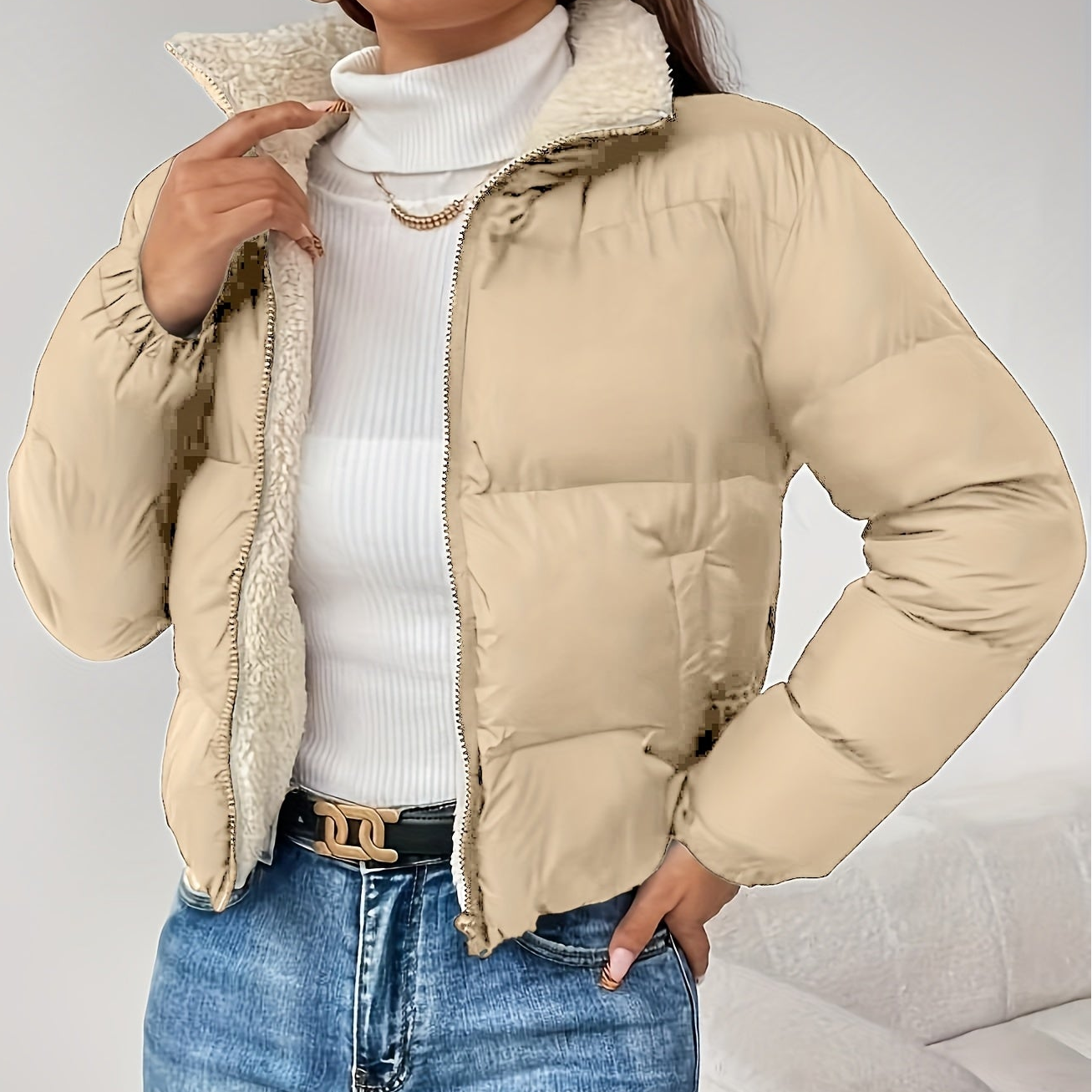 Women's Short Quilted Jacket with Teddy Lining and Zipper