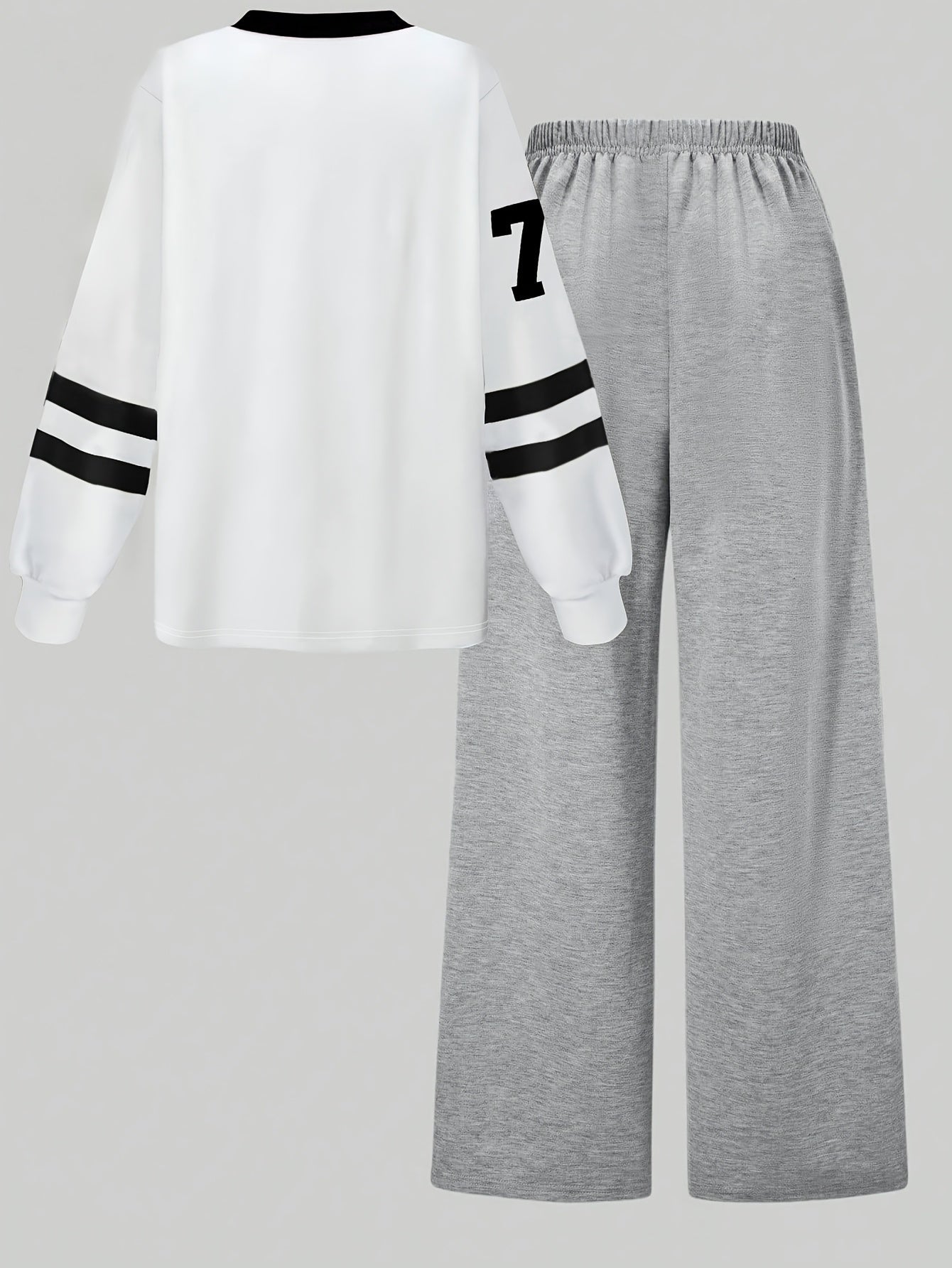 Two-piece women’s sports set: long-sleeve V-neck shirt and wide-leg pants, gray and white