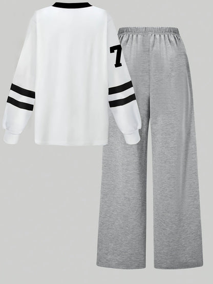 Two-piece women’s sports set: long-sleeve V-neck shirt and wide-leg pants, gray and white