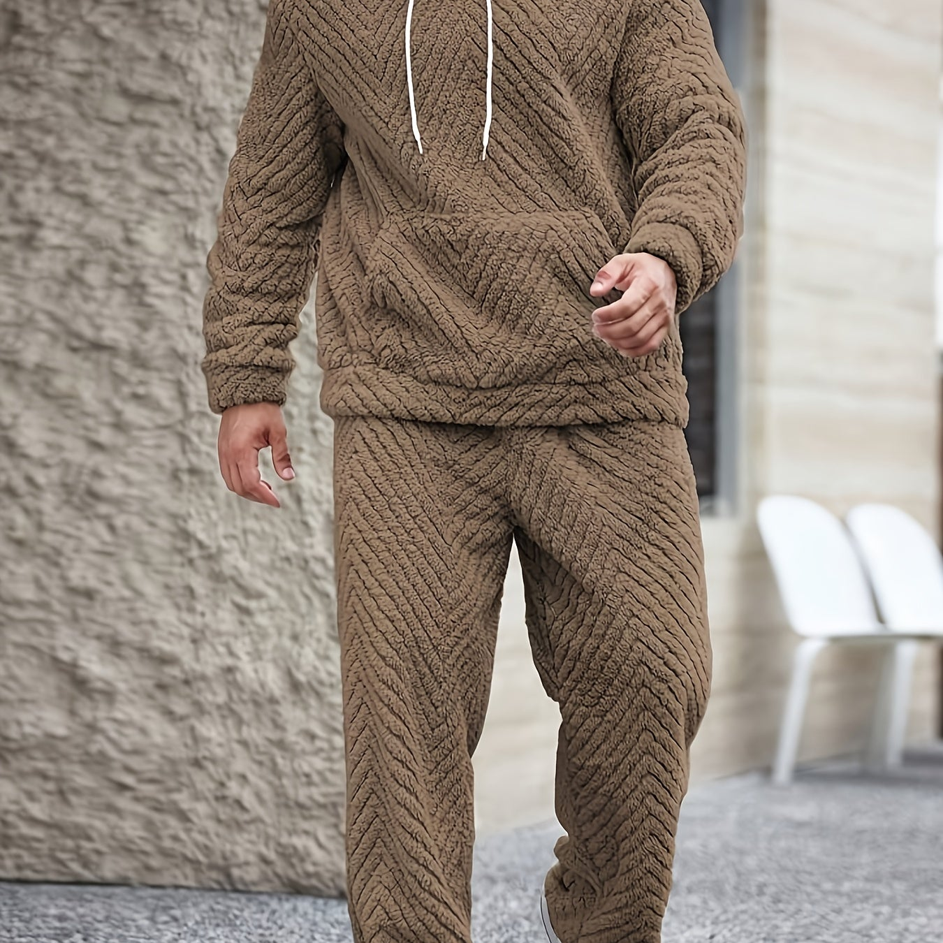 Men's Lounge Set Sherpa Hoodie & Herringbone Pants