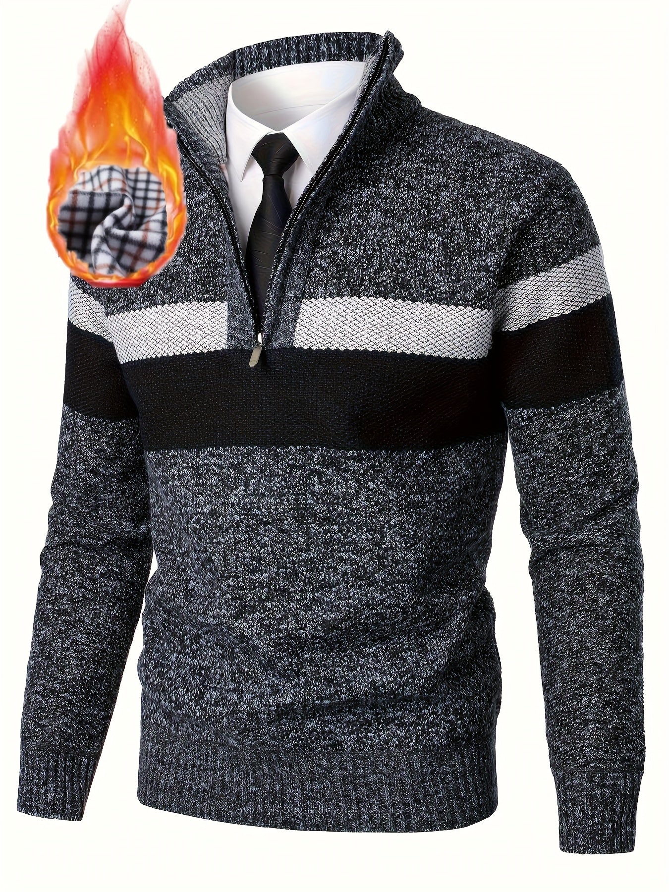 Men's knitted sweater with a stand-up collar and zipper, striped, softly lined inside