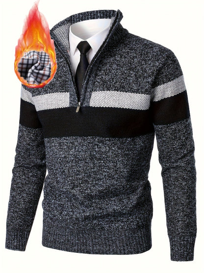 Men's knitted sweater with a stand-up collar and zipper, striped, softly lined inside