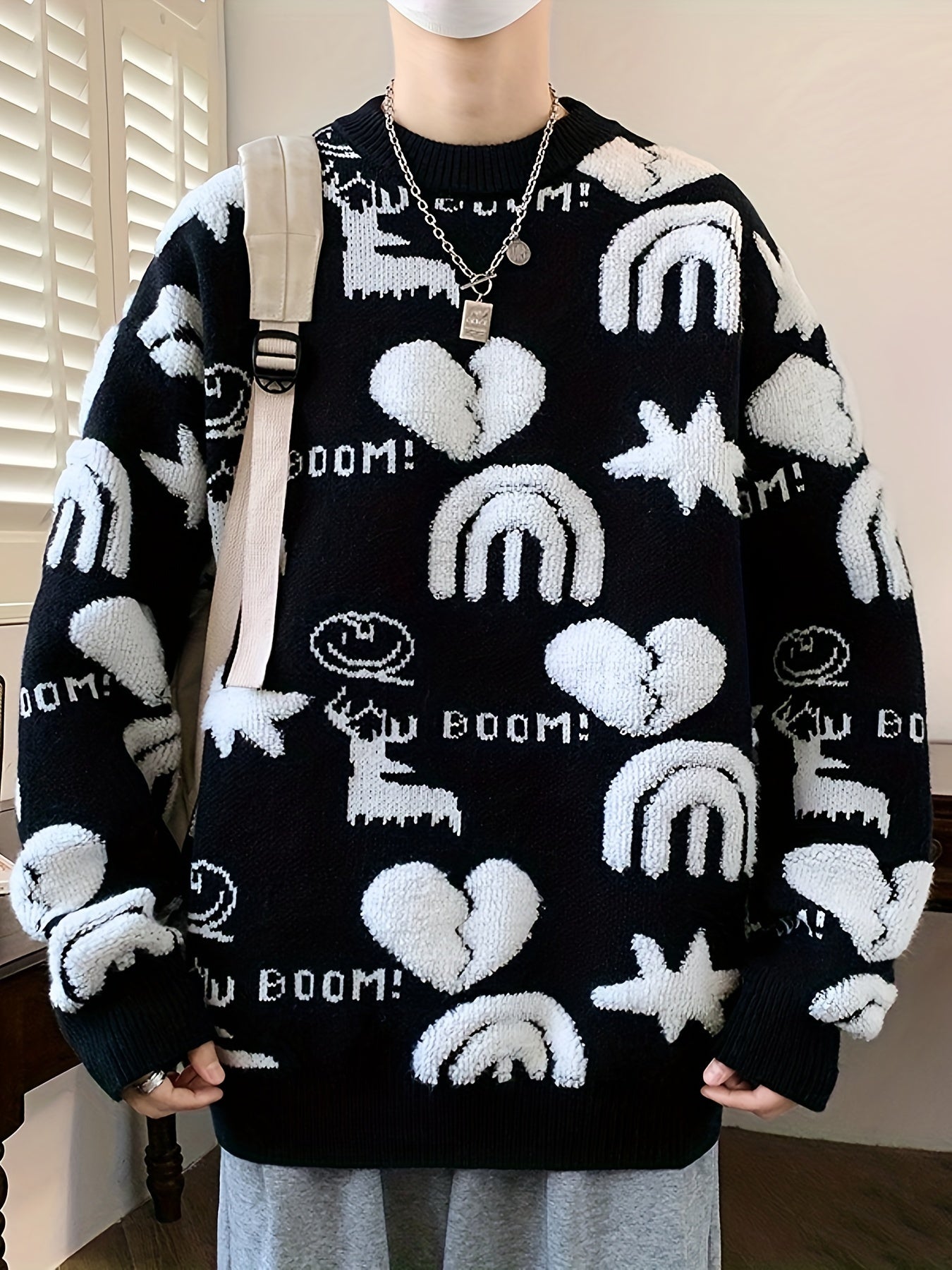 Unisex knitted sweater with a pattern, crew neck, long sleeves