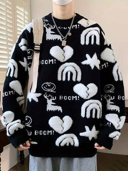 Unisex knitted sweater with a pattern, crew neck, long sleeves