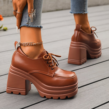 Women's platform lace-up shoes retro style with block heel – fashionable casual shoes for everyday and going out