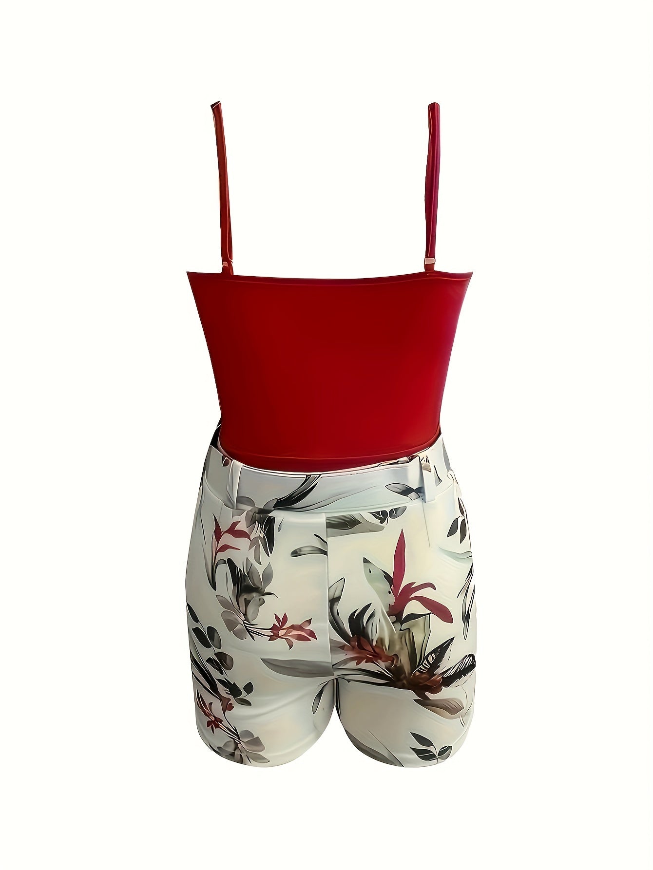 Women's Summer Outfit Set – Sleeveless V-Neck Bodysuit & High-Waisted Floral Shorts with Belt, Fashionable Casual Look