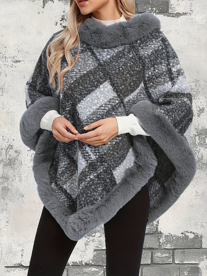 Damen Poncho mit Fellimitatbesatz, kariert, Braun/Grau